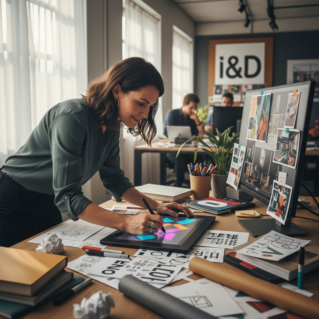 Designer working on logo design on tablet, clean bright workspace
