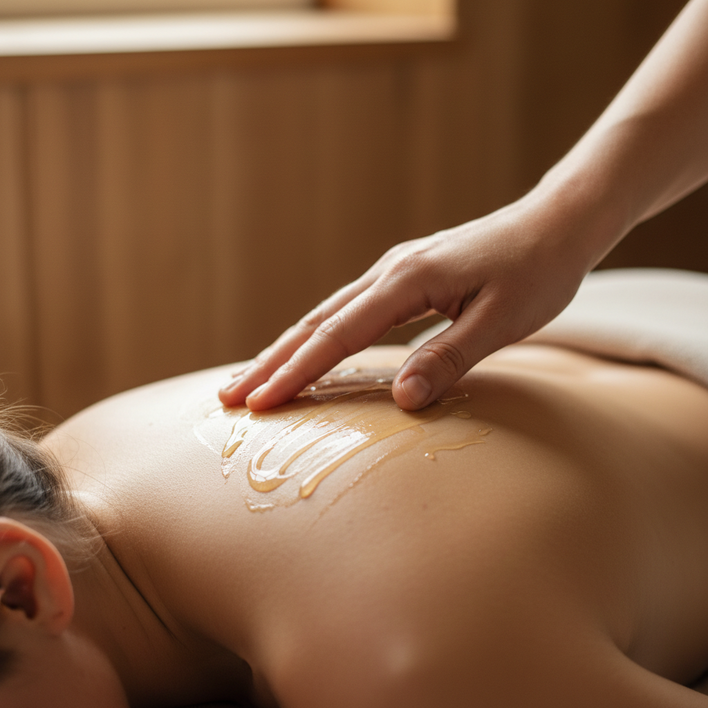 Close-up of essential oil being applied to a clients back during aromatherapy