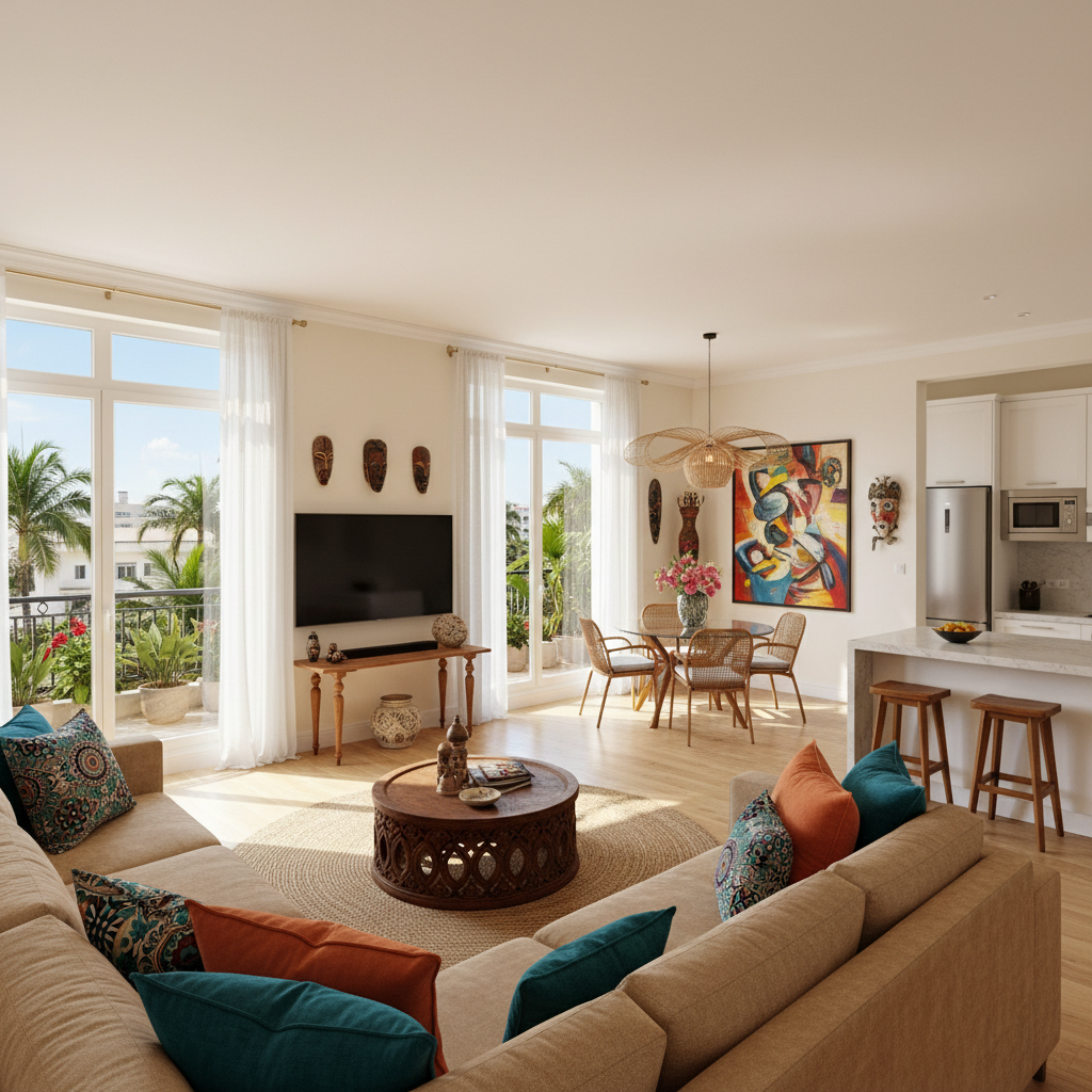 Cozy furnished apartment living room with sofa and natural light from windows