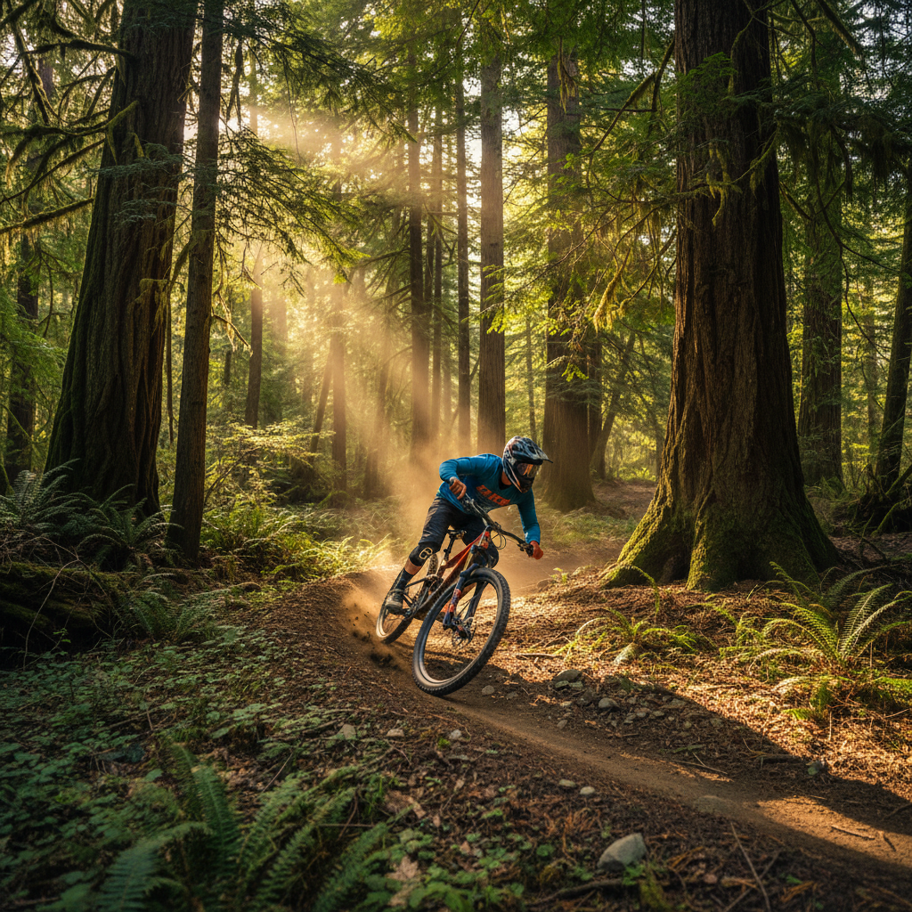 Mountain biker riding through cedar forest with dappled golden light