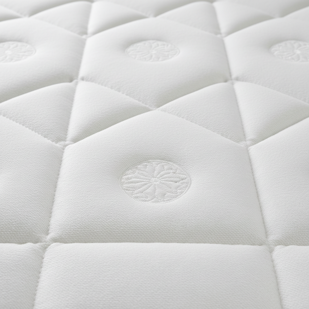 Close-up of a white mattress surface with stitched detailing
