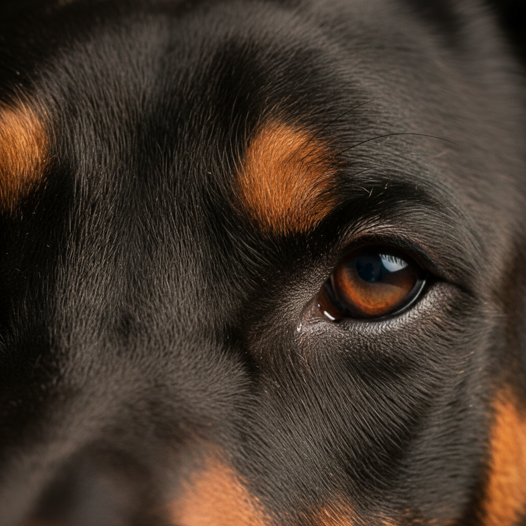 Extreme close-up of a Doberman's rust marking above the eye, individual hair shafts catching warm studio light, amber iris visible at frame edge