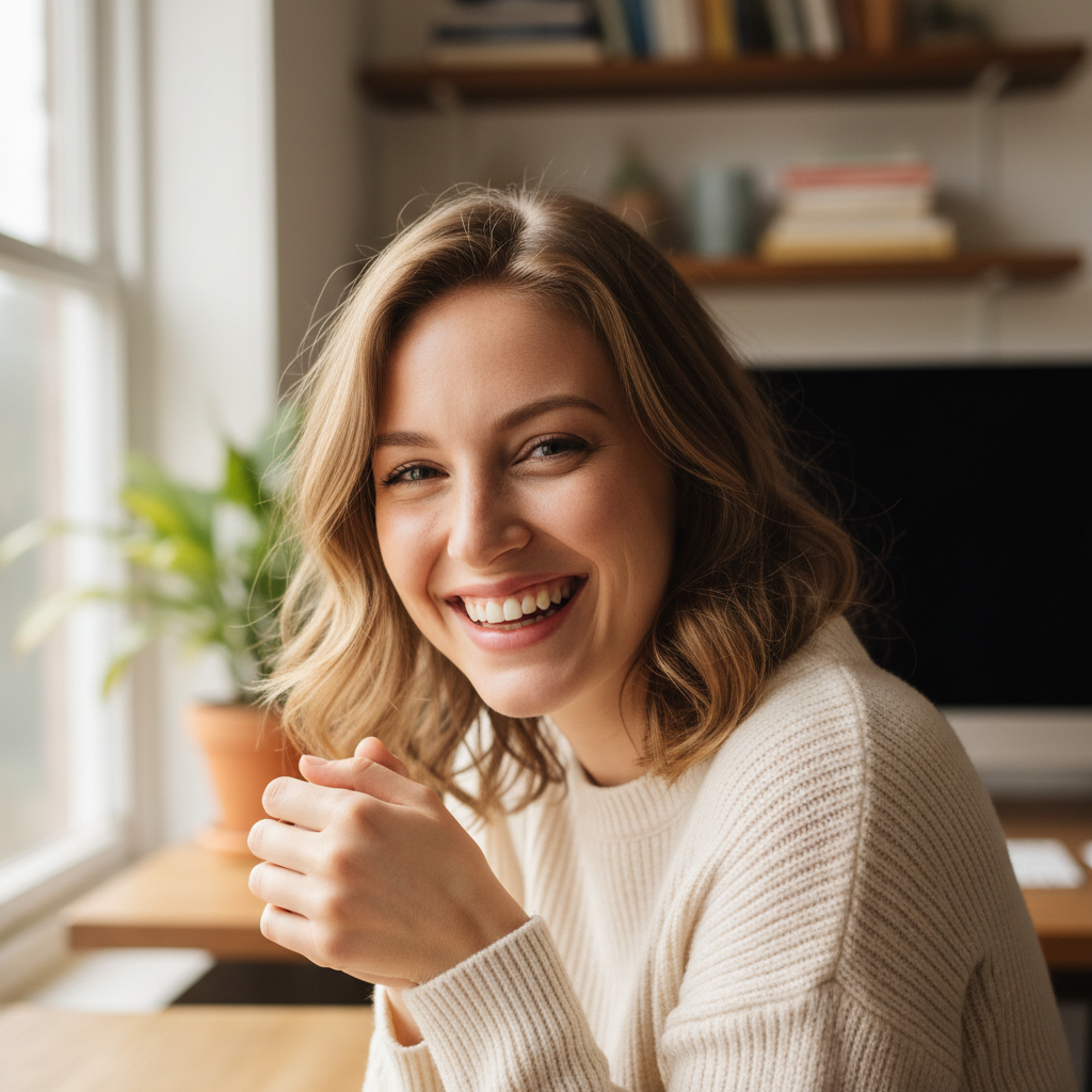 Portrait of Clara Hennessey, founder of Keeper blog, smiling warmly in a sun-lit studio