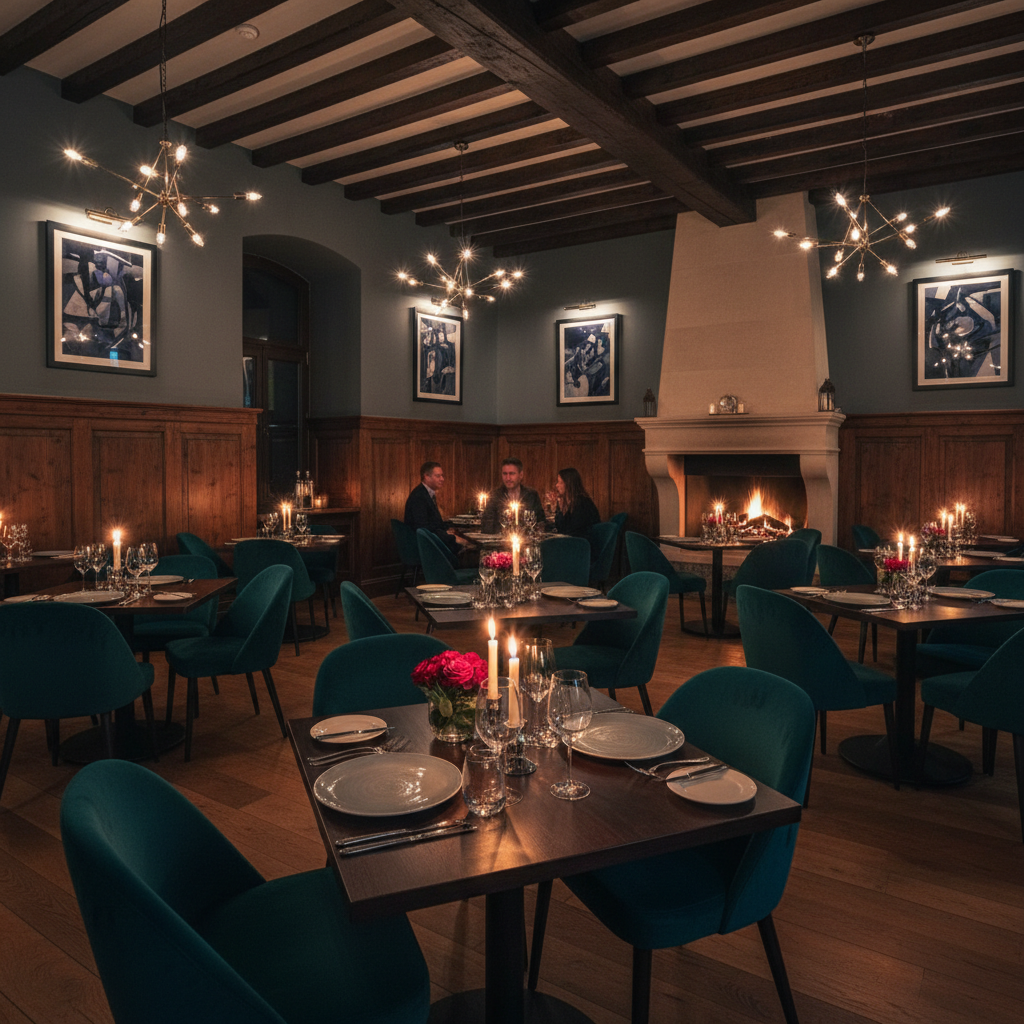 Elegant restaurant interior with warm atmospheric lighting, dramatic deep shadows, refined dining setting