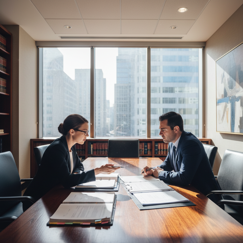 Attorney in bright modern conference room, natural window light, professional meeting setting