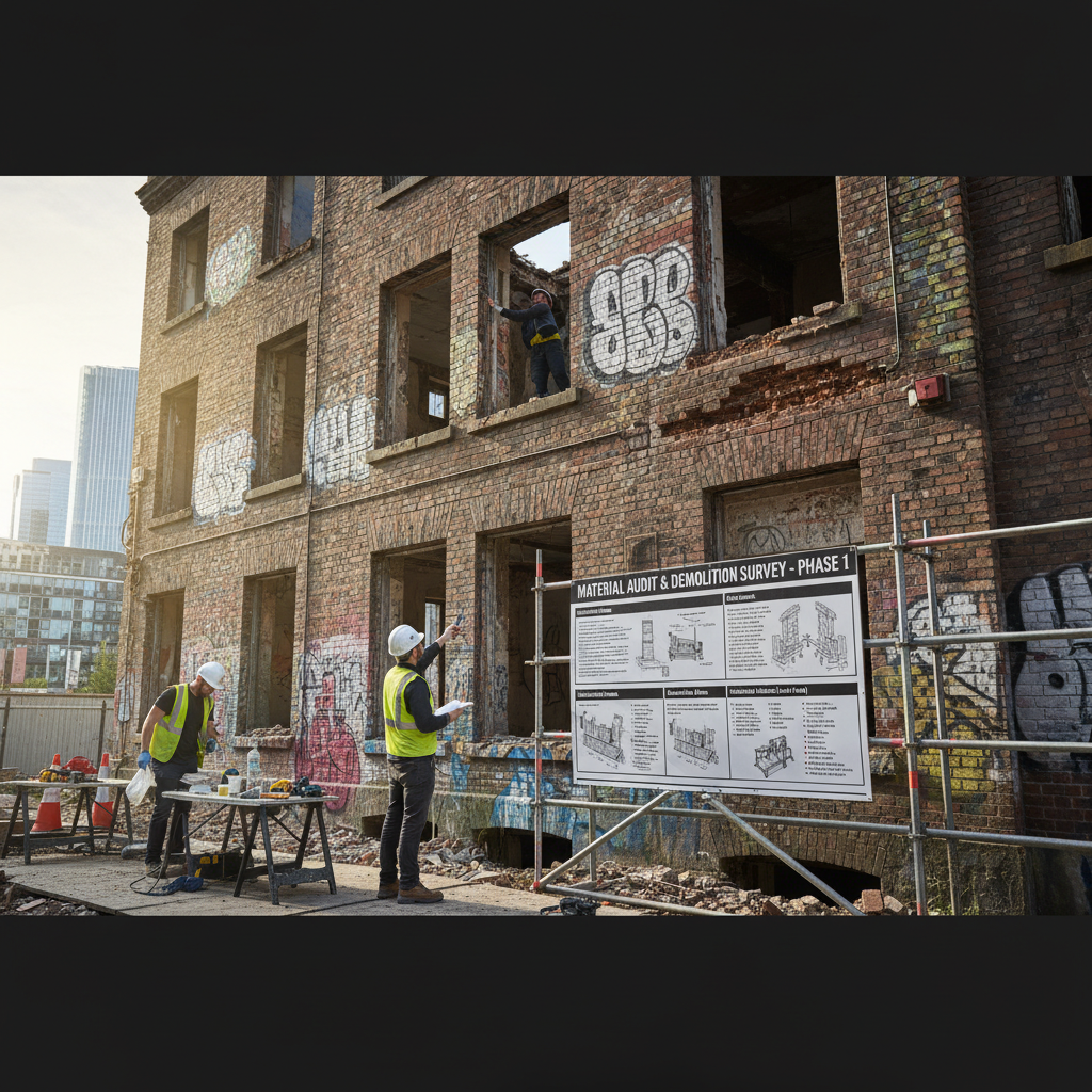 Tagged Victorian brick building with material audit documentation board, showing demolition survey process