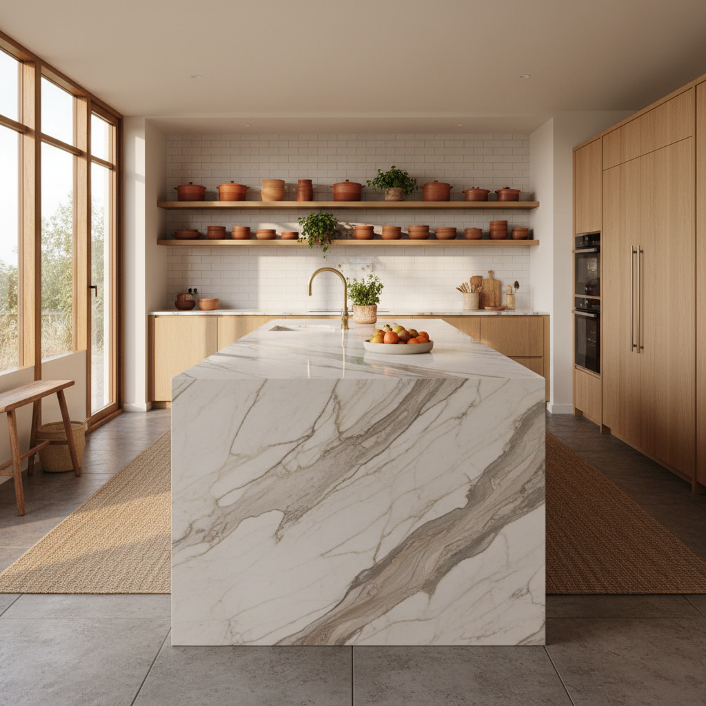White kitchen with island, open shelving and terracotta floor tiles, warm lighting