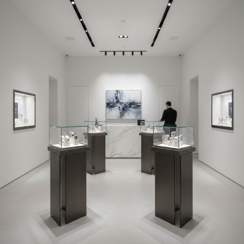 Minimalist luxury retail store with white walls and chrome fixtures in dim lighting