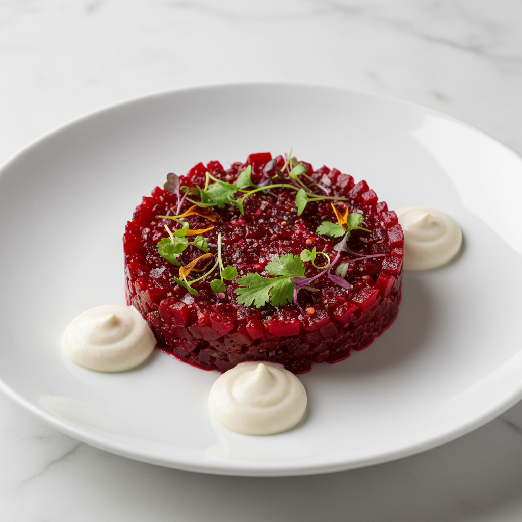 Deep crimson roasted beet tartare plated elegantly on a white ceramic plate with walnut cream quenelles and microherbs