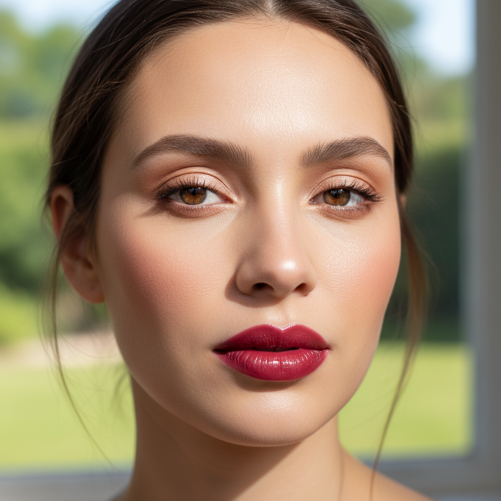 Close-up of woman with bold red lip stain and natural glowing makeup