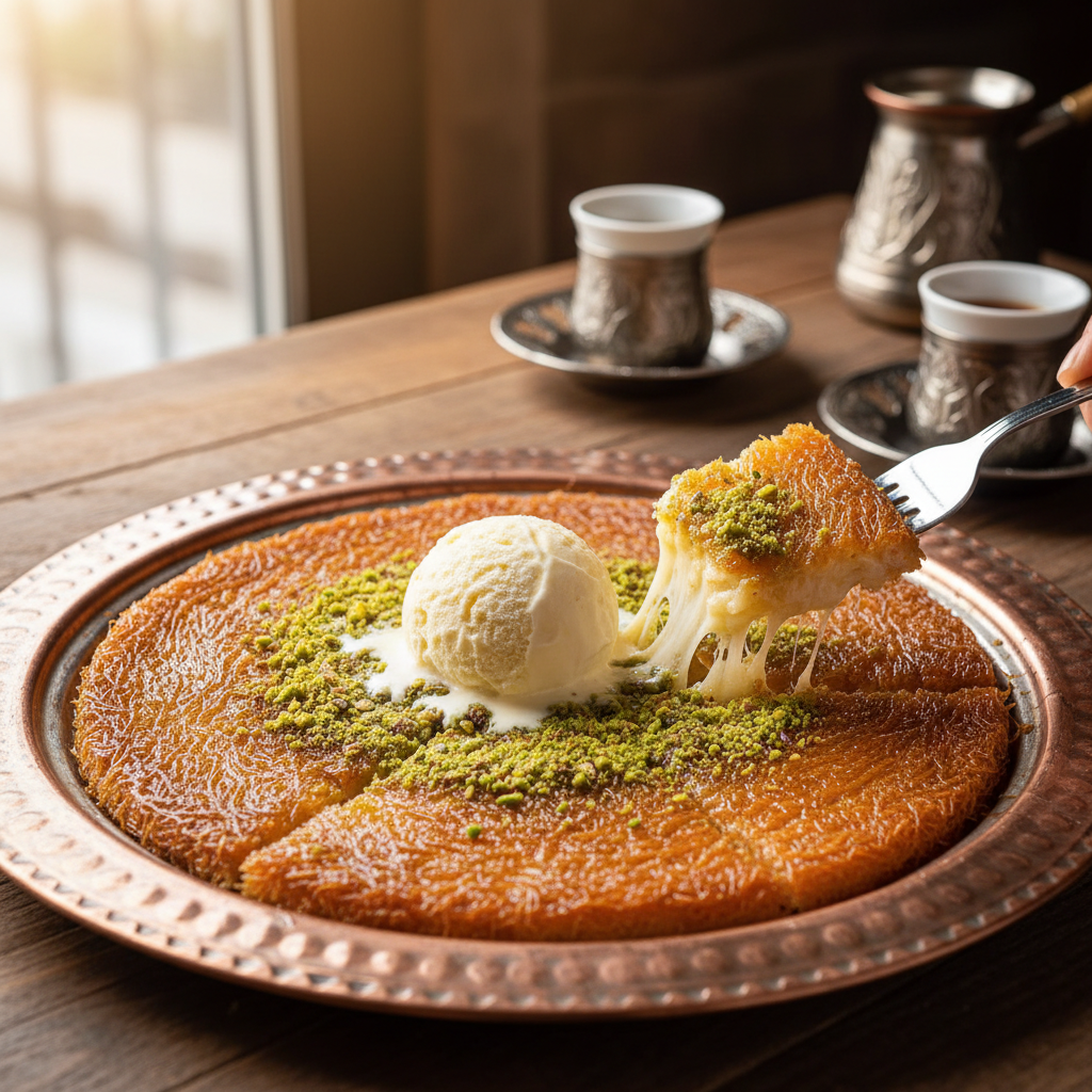 Classic knafeh on dark plate with syrup