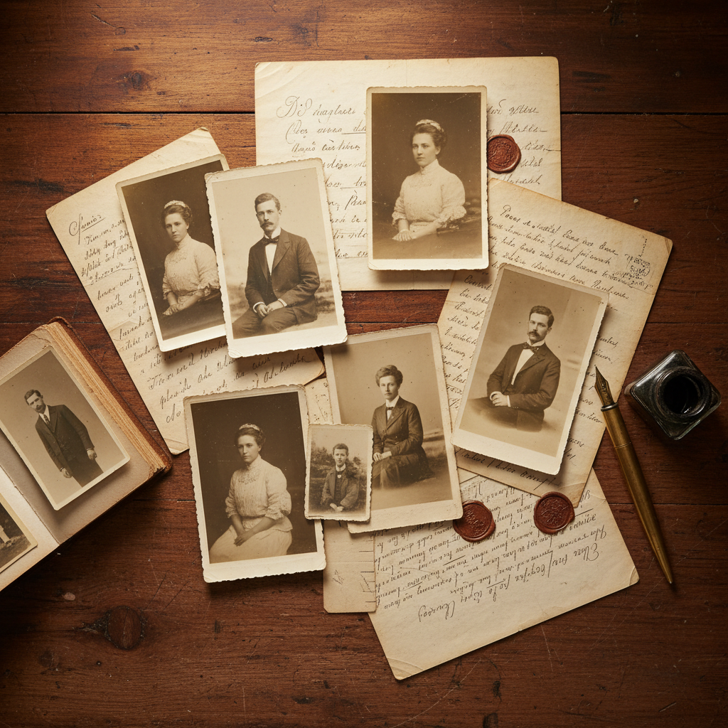 Old photographs and letters spread on a wooden table in dim light, dark atmospheric tones, deep shadows, archival mood