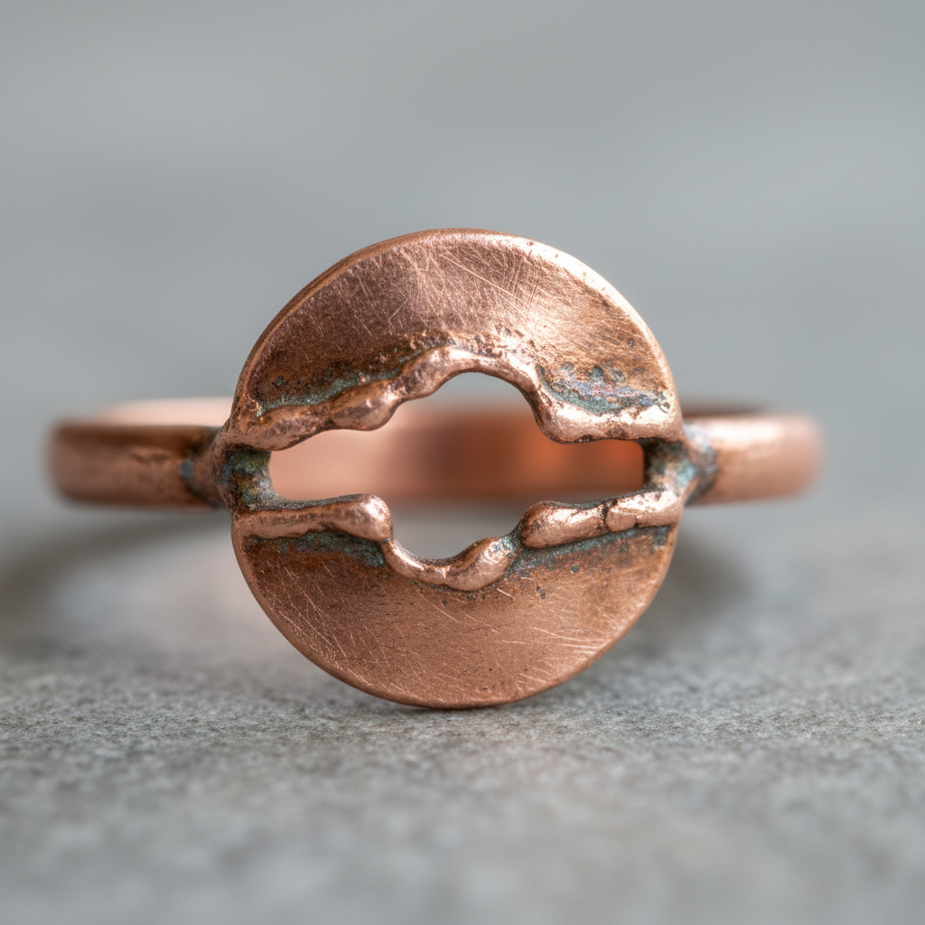 Week 1 student work: rough bezel with visible gap, uneven solder join on copper practice ring