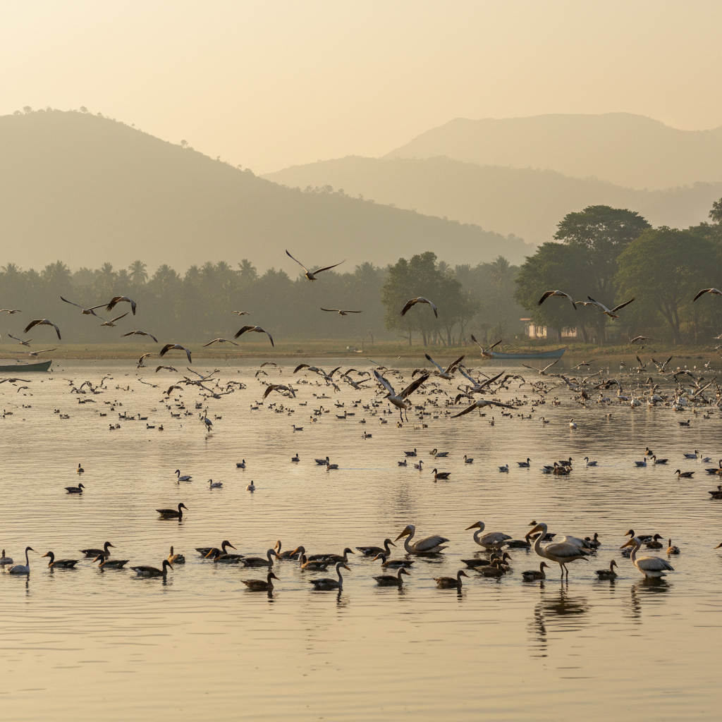 Serene mountain lake at dusk with dark reflective water and soft atmospheric lighting