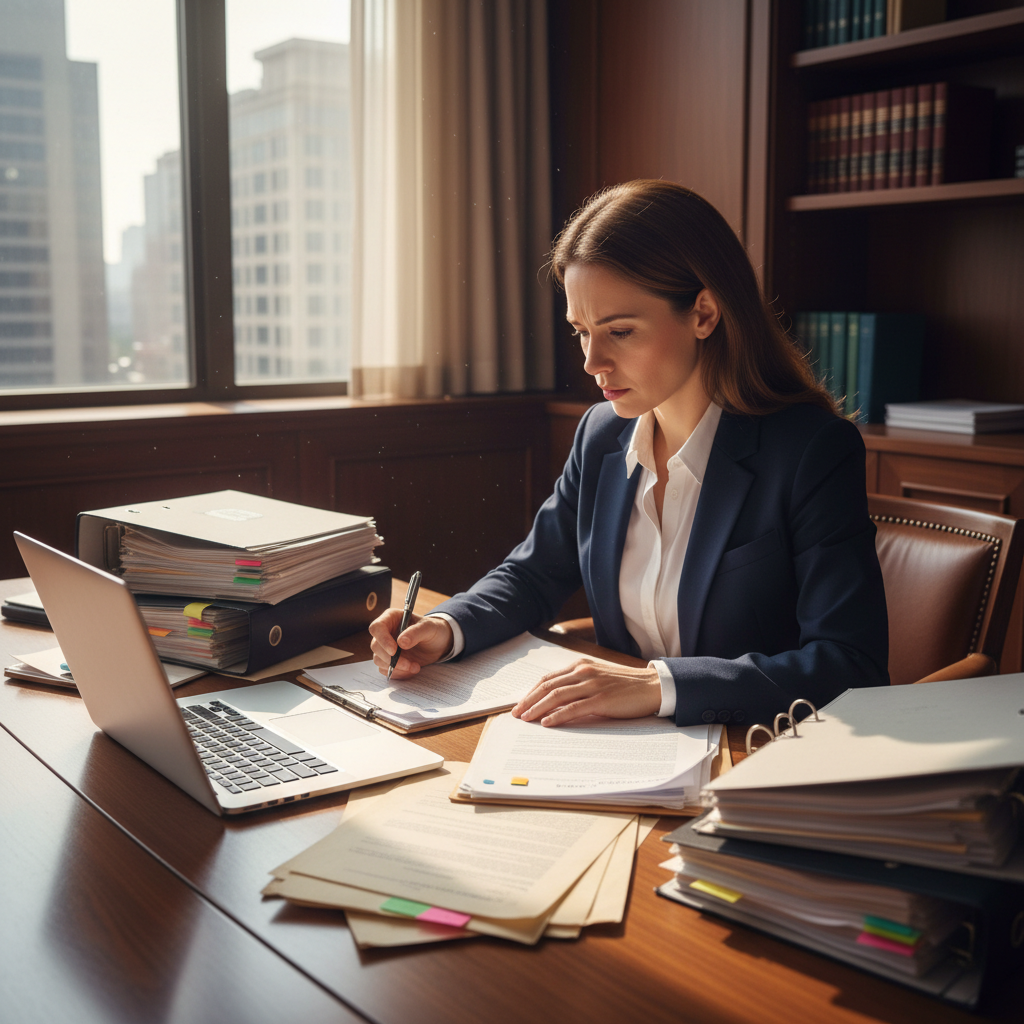 Professional attorney in suit reviewing case documents at desk