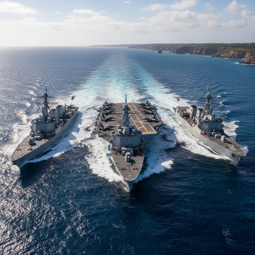 USS Nimitz aircraft carrier underway in the Pacific Ocean with escort ships visible in the distance