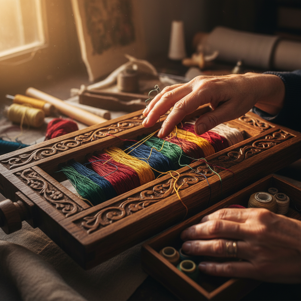 Master artisan hands carefully knotting wool threads on a traditional wooden loom in warm workshop light