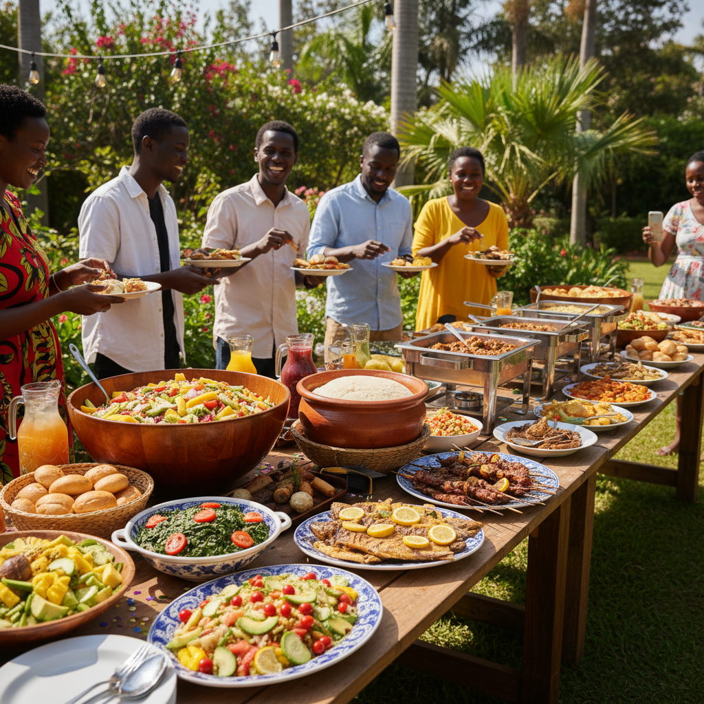 Kenyan food spread with colorful dishes on warm wooden table