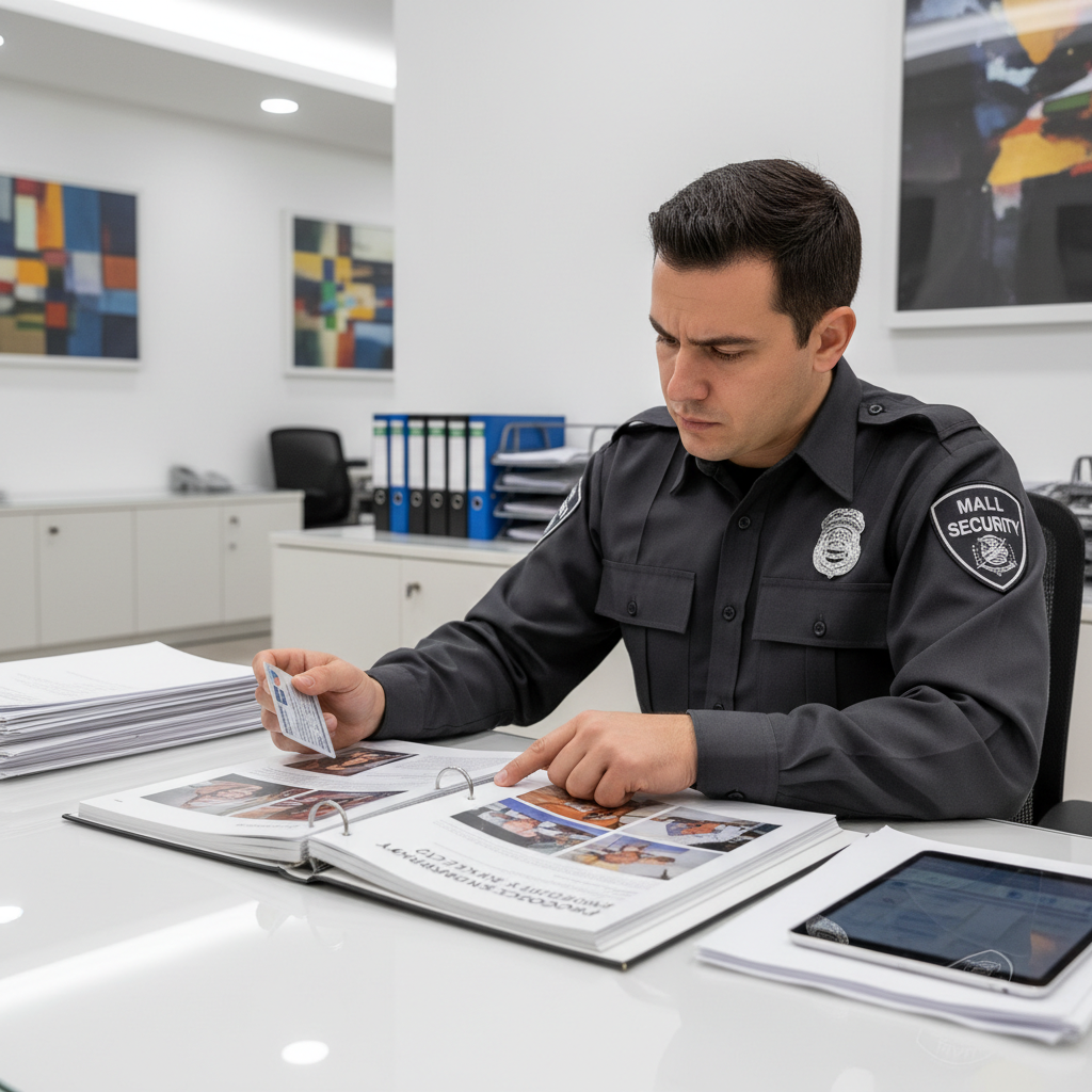 Person reviewing identity documents and credentials at a desk, dim office lighting, dark wooden surface, formal verification atmosphere