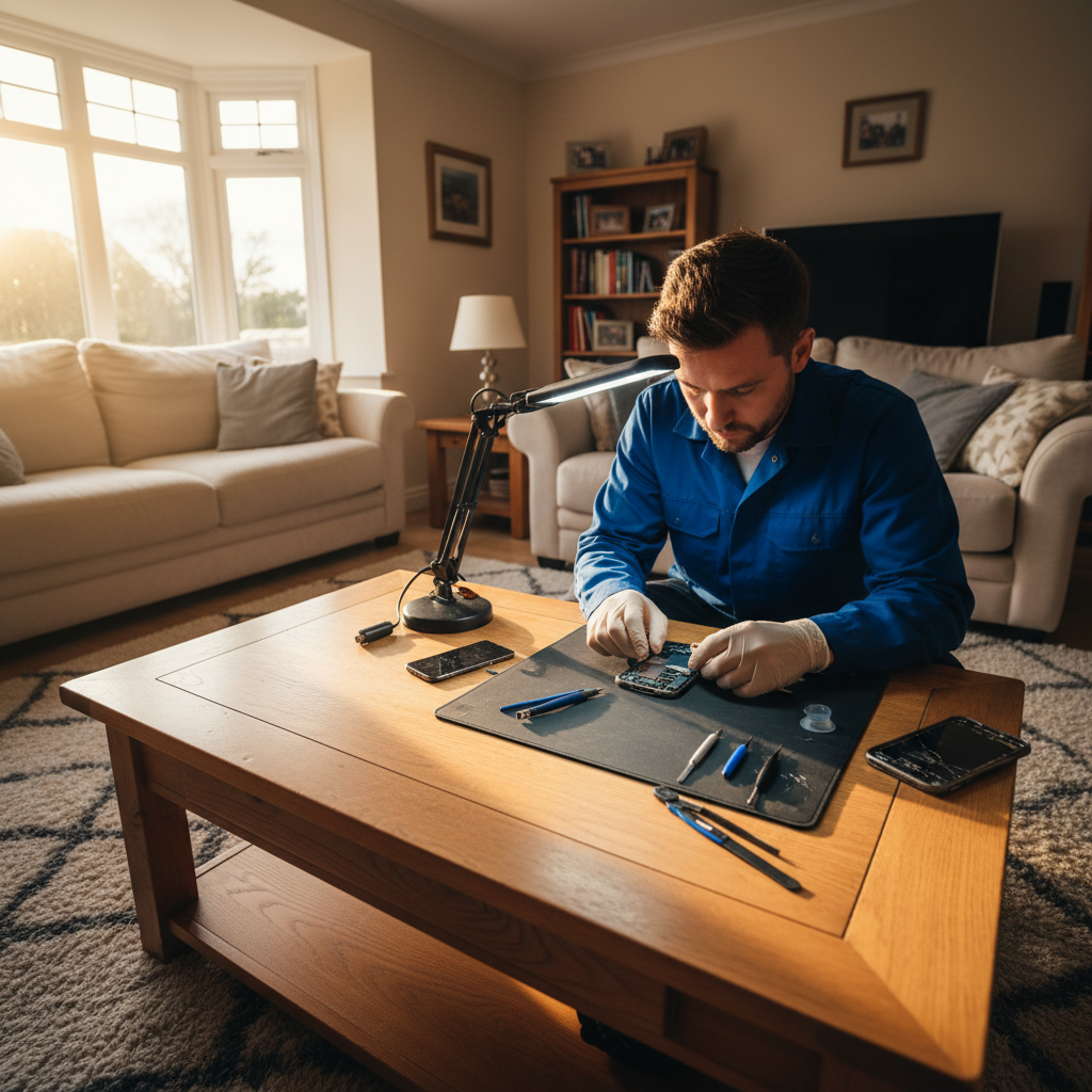 Phone repair technician working at customer home in Eastern Ontario, bright living room, natural daylight
