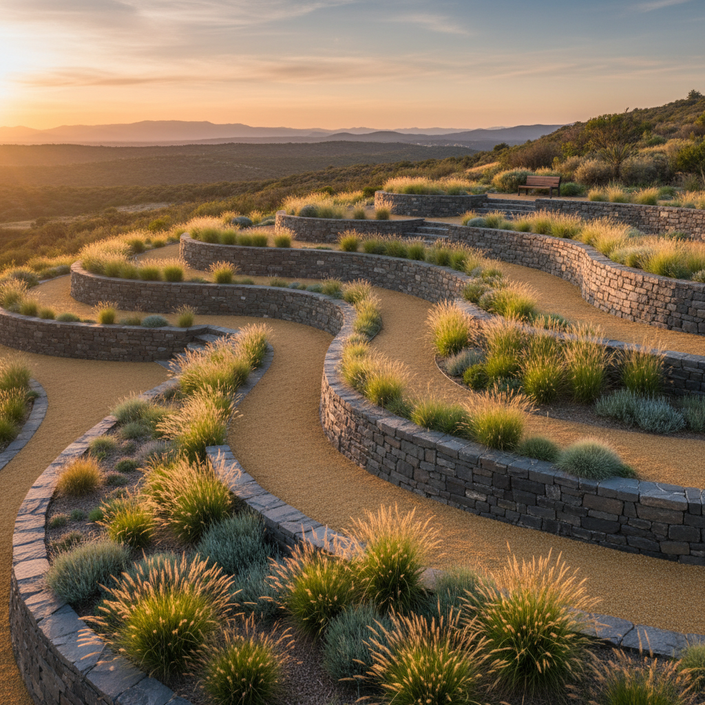 Golden hour photograph of completed terraced garden with basalt retaining walls, decomposed granite paths, and ornamental grasses glowing in warm evening light