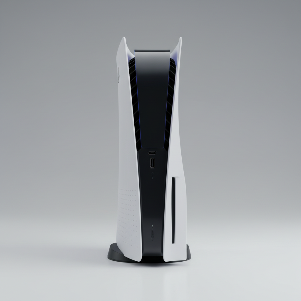 PlayStation 5 digital edition white console with controller on dark background with soft ambient lighting