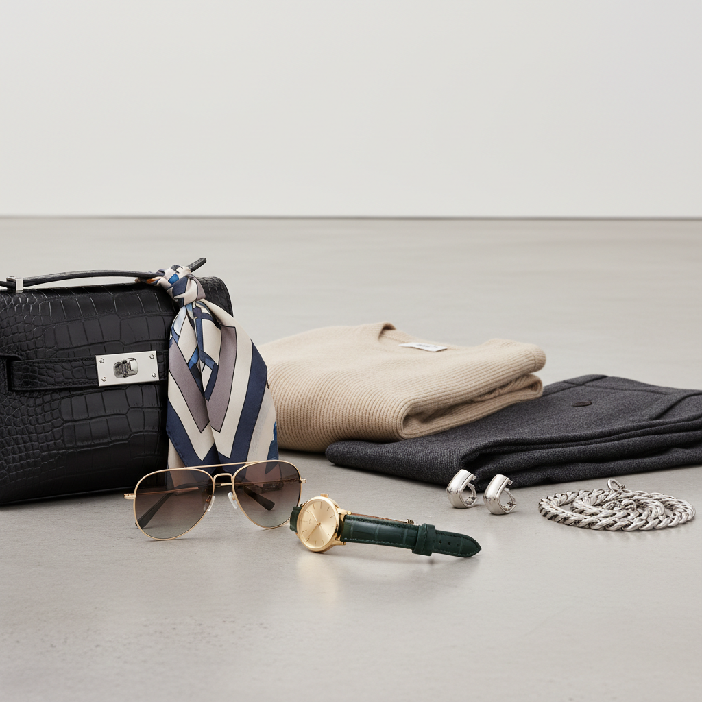 Fashion accessories flatlay with gold jewelry and bags, bright airy studio, luxury product styling