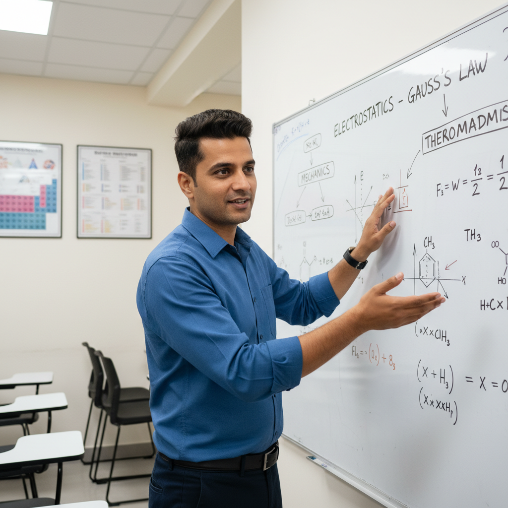 Male teacher with glasses explaining concept with whiteboard