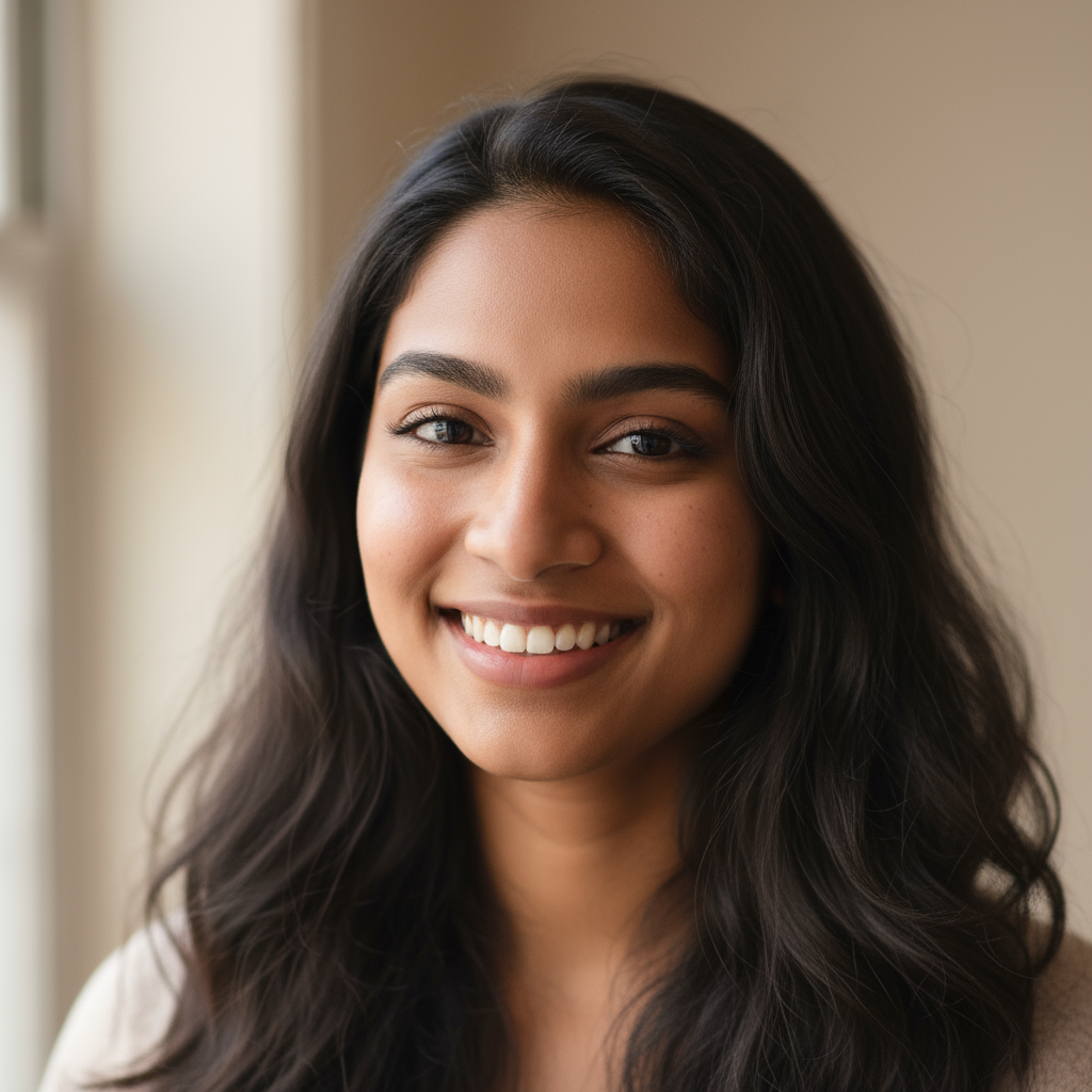 Young South Asian woman with earrings, professional headshot