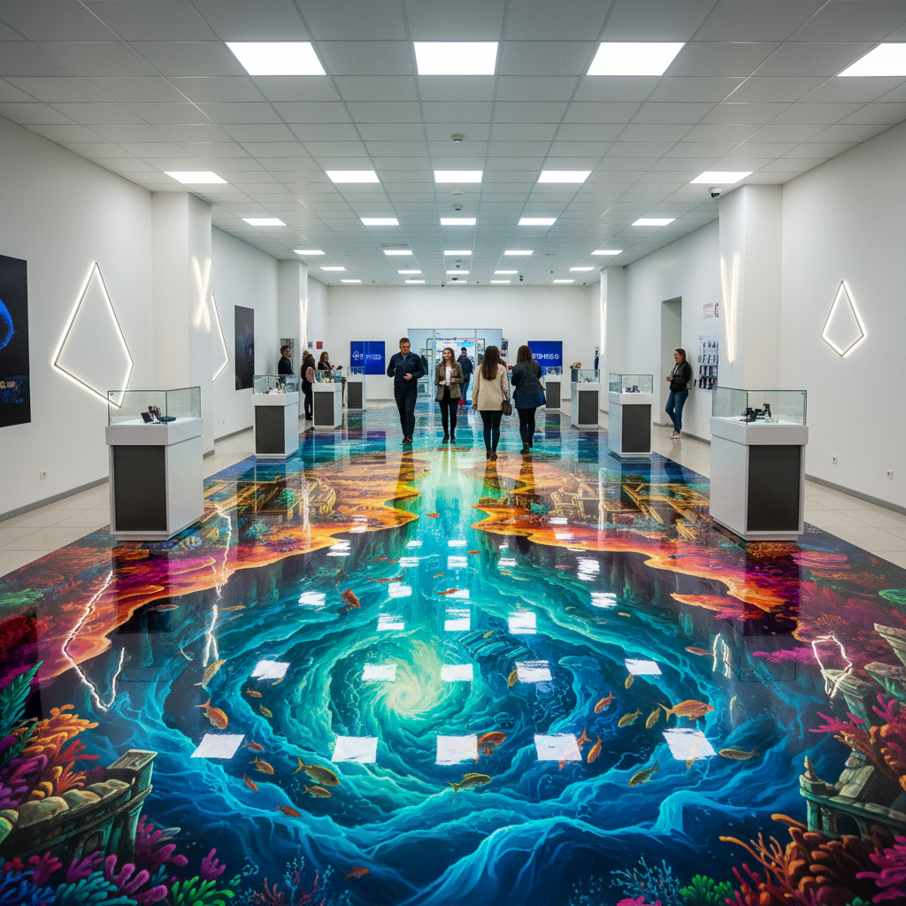 Stunning metallic blue and silver epoxy floor with swirling 3D effect, showroom lighting revealing deep reflective surface