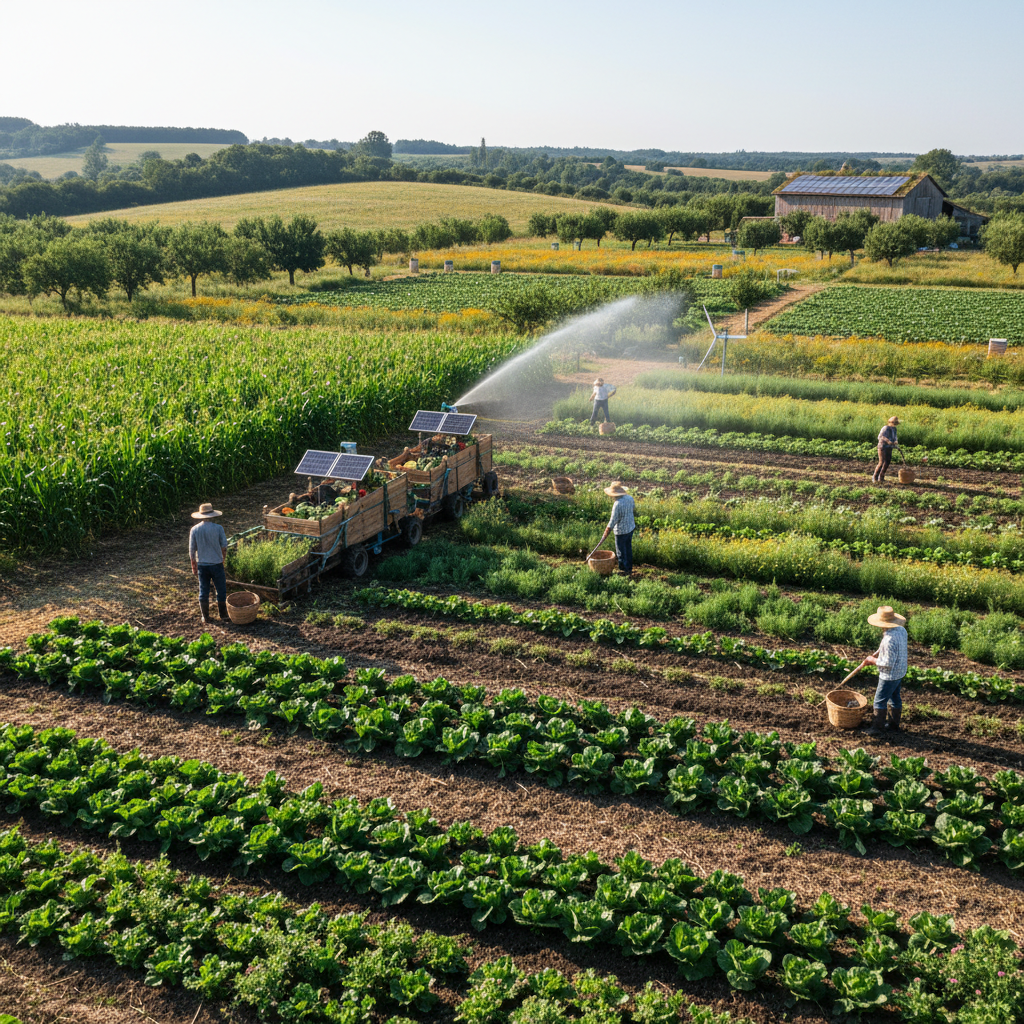 Organic farming fields with green crops, sustainable agriculture practices and eco-friendly farming