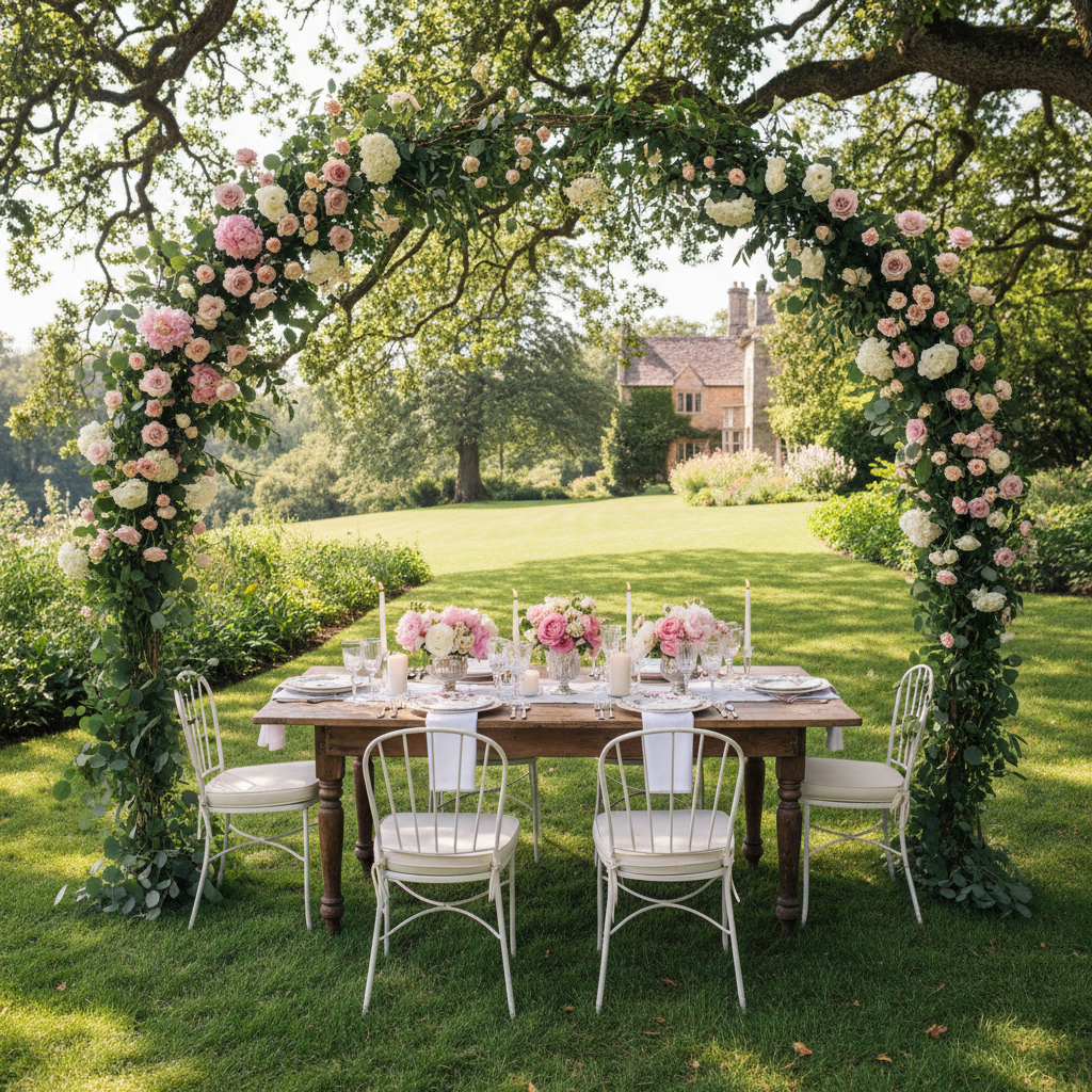 Garden party setup with a floral arch of pink and white blooms over a table set for eight