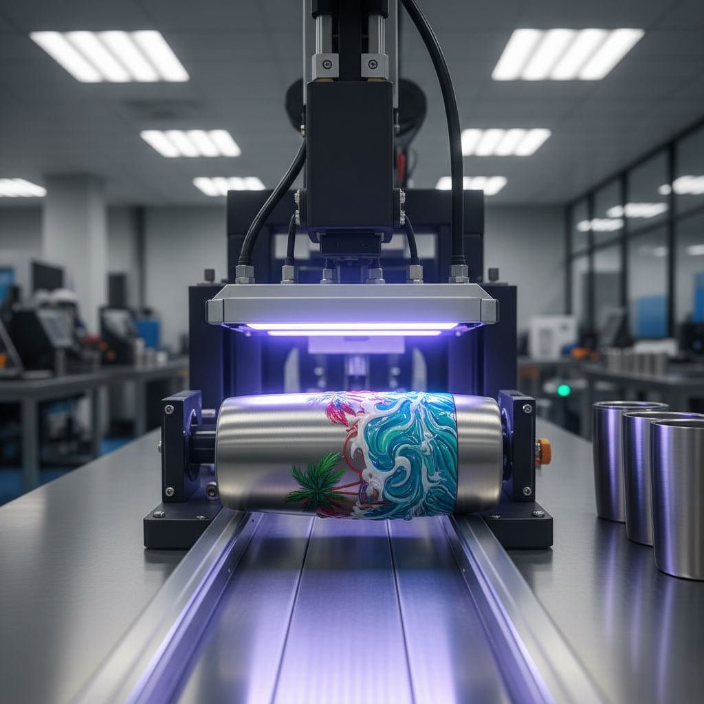 Professional UV-cured sublimation printing process on stainless steel drinkware in production facility