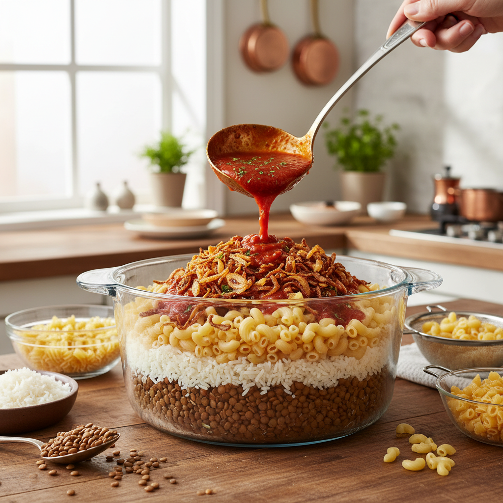 A bowl of Egyptian koshari dish with rice, lentils, pasta and tomato sauce, warm colors, food photography