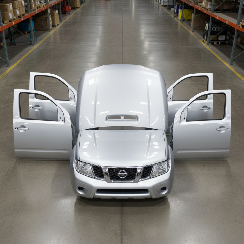 Nissan Navara body panels including bonnet and doors in warehouse