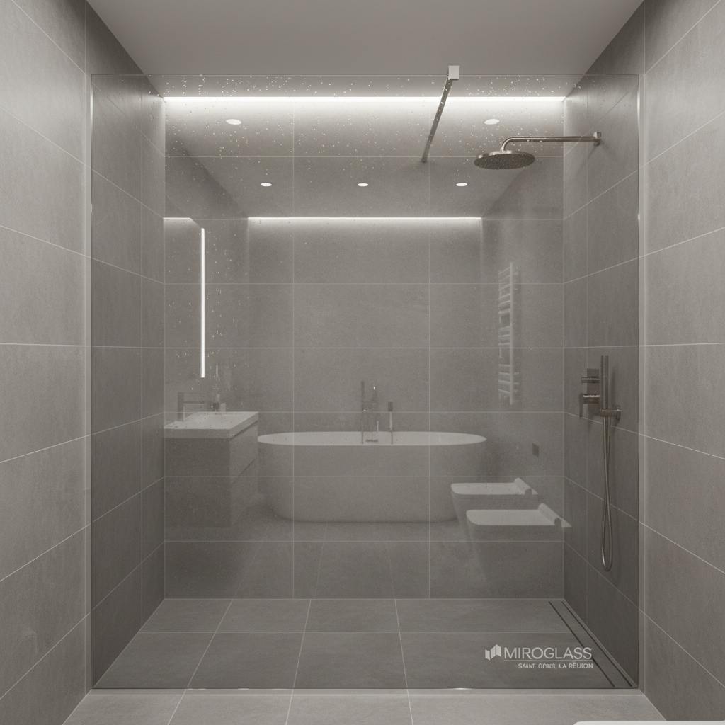 Clean modern bathroom with white tiles, glass shower partition, good lighting, and neatly organized bathroom essentials