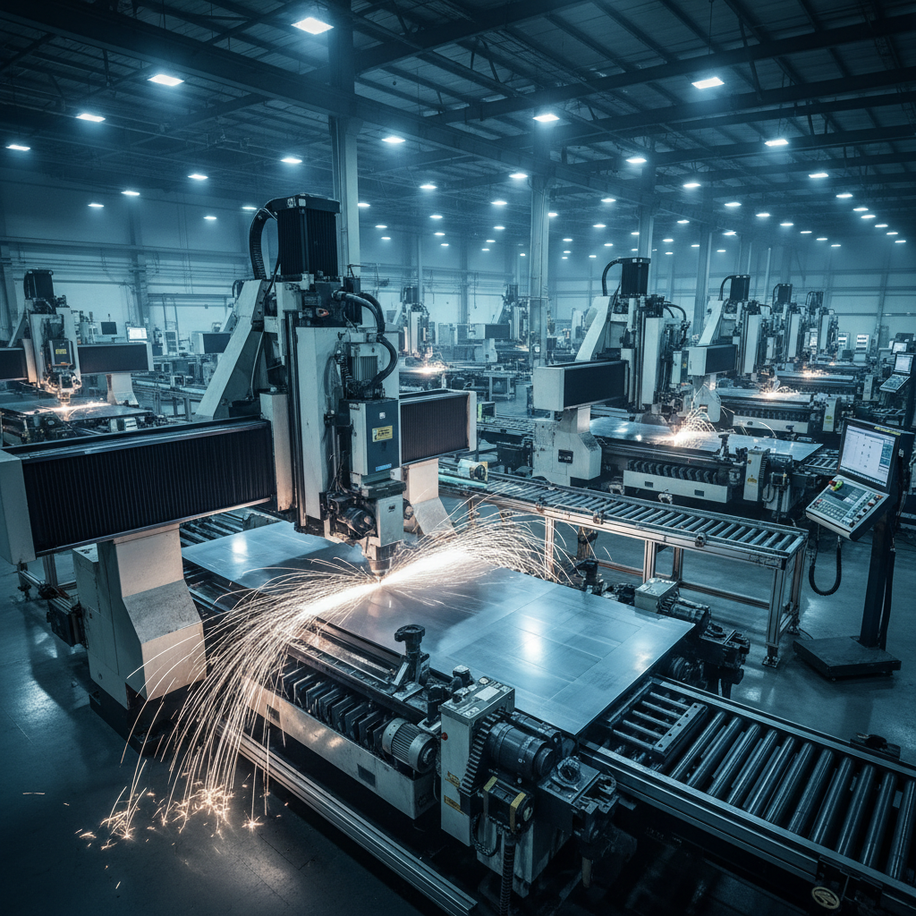 Industrial manufacturing process with precision cutting machinery in operation