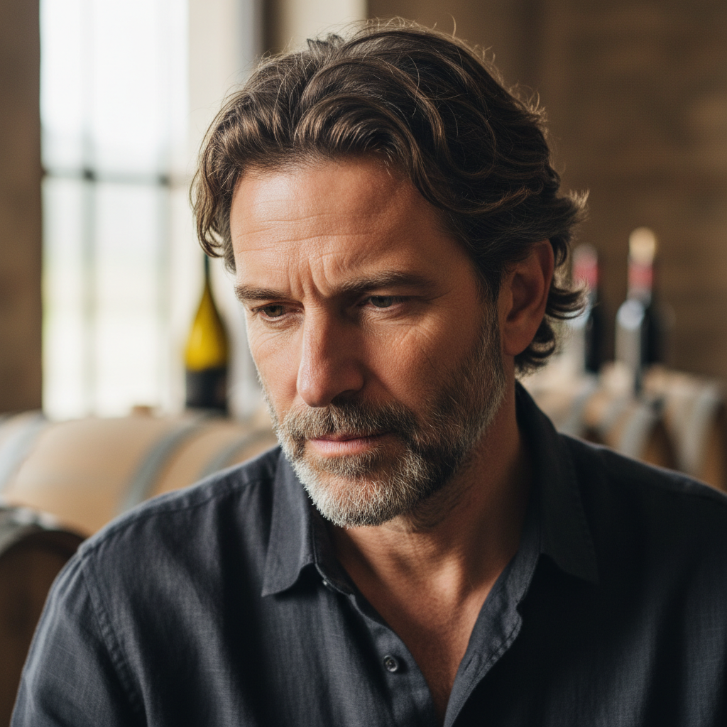 Professional male oenologist in portrait, neutral background, thoughtful expression