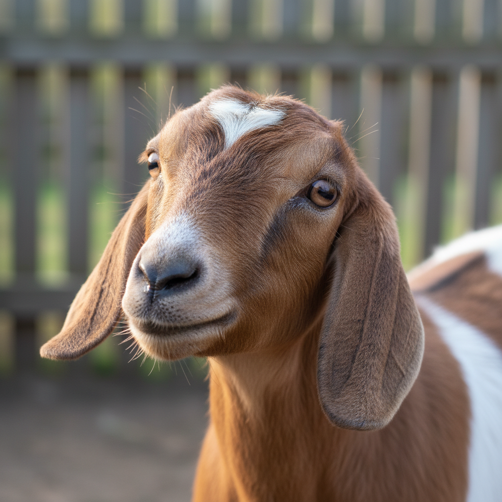 Clover, a brown and white Anglo-Nubian goat with long floppy ears, looking inquisitively at the camera