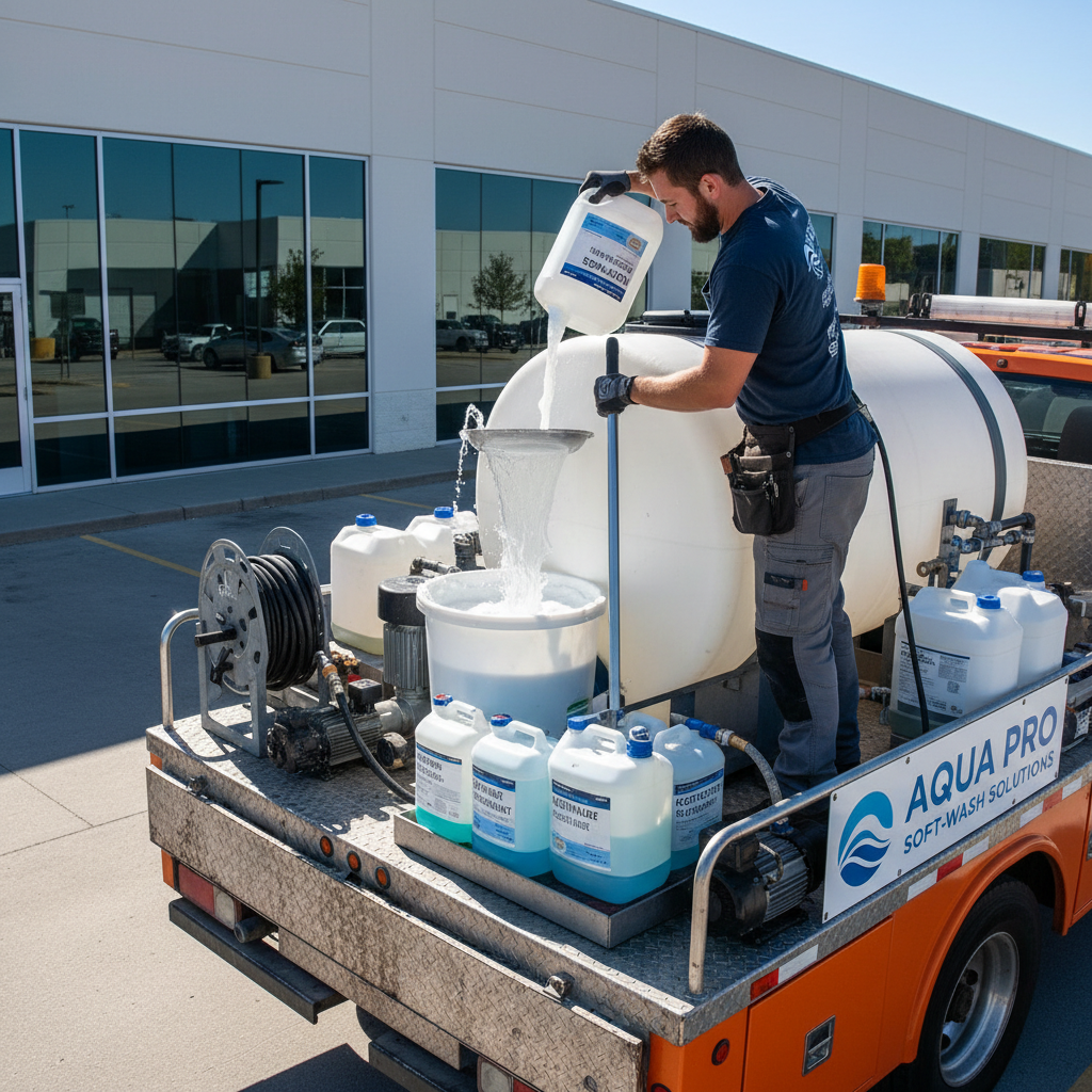 Soft-wash specialist mixing surfactant solution in a large tank on the back of a service truck