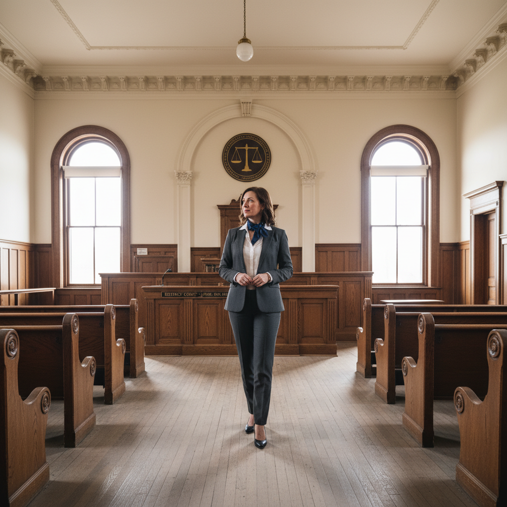 Solo practitioner at rural courthouse, confident stance