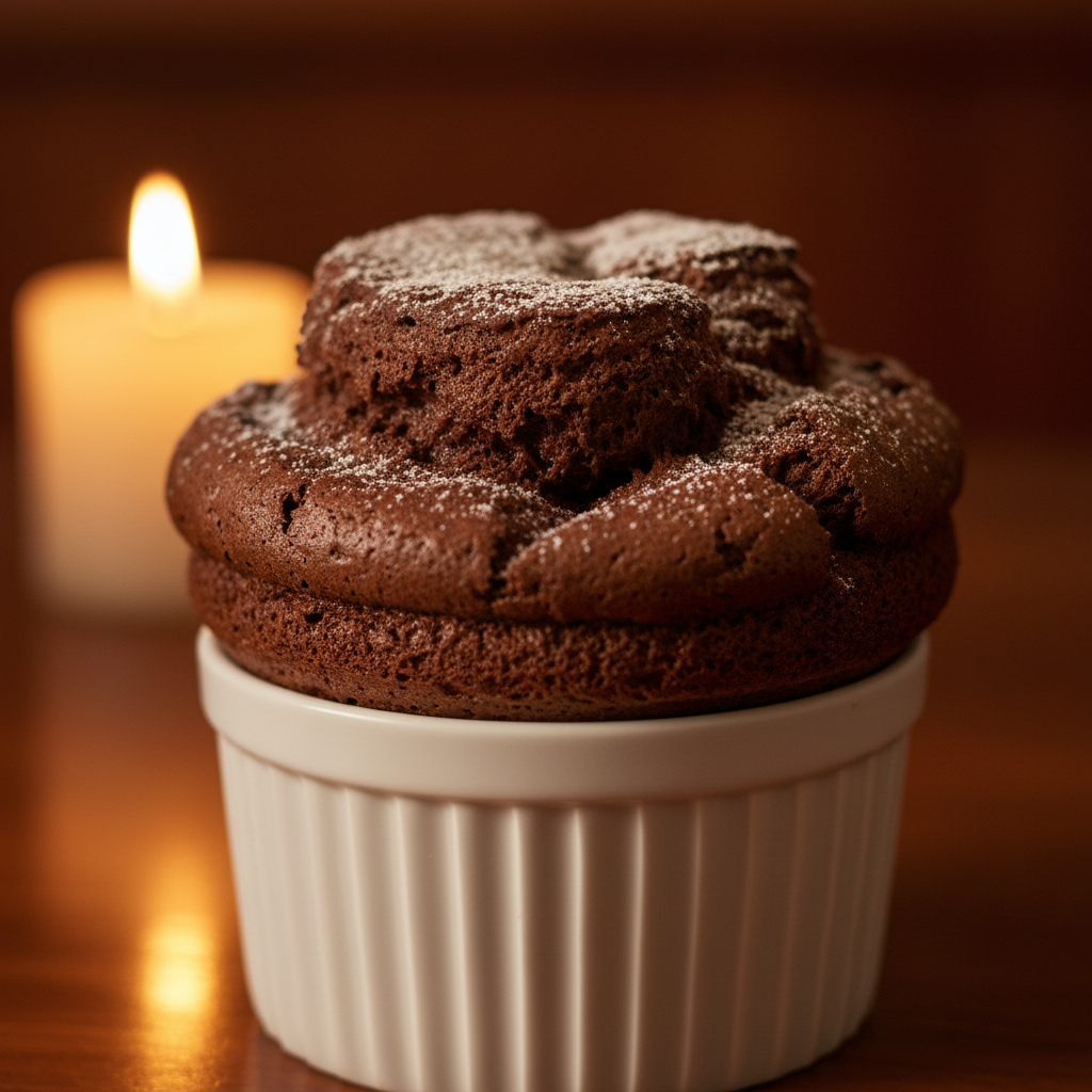Dark chocolate soufflé risen above white ramekin with powdered sugar, warm candlelit setting
