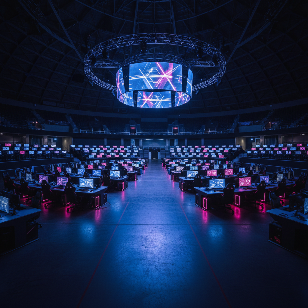 Empty esports arena with rows of gaming rigs, monitors casting indigo and magenta light onto brushed concrete floors