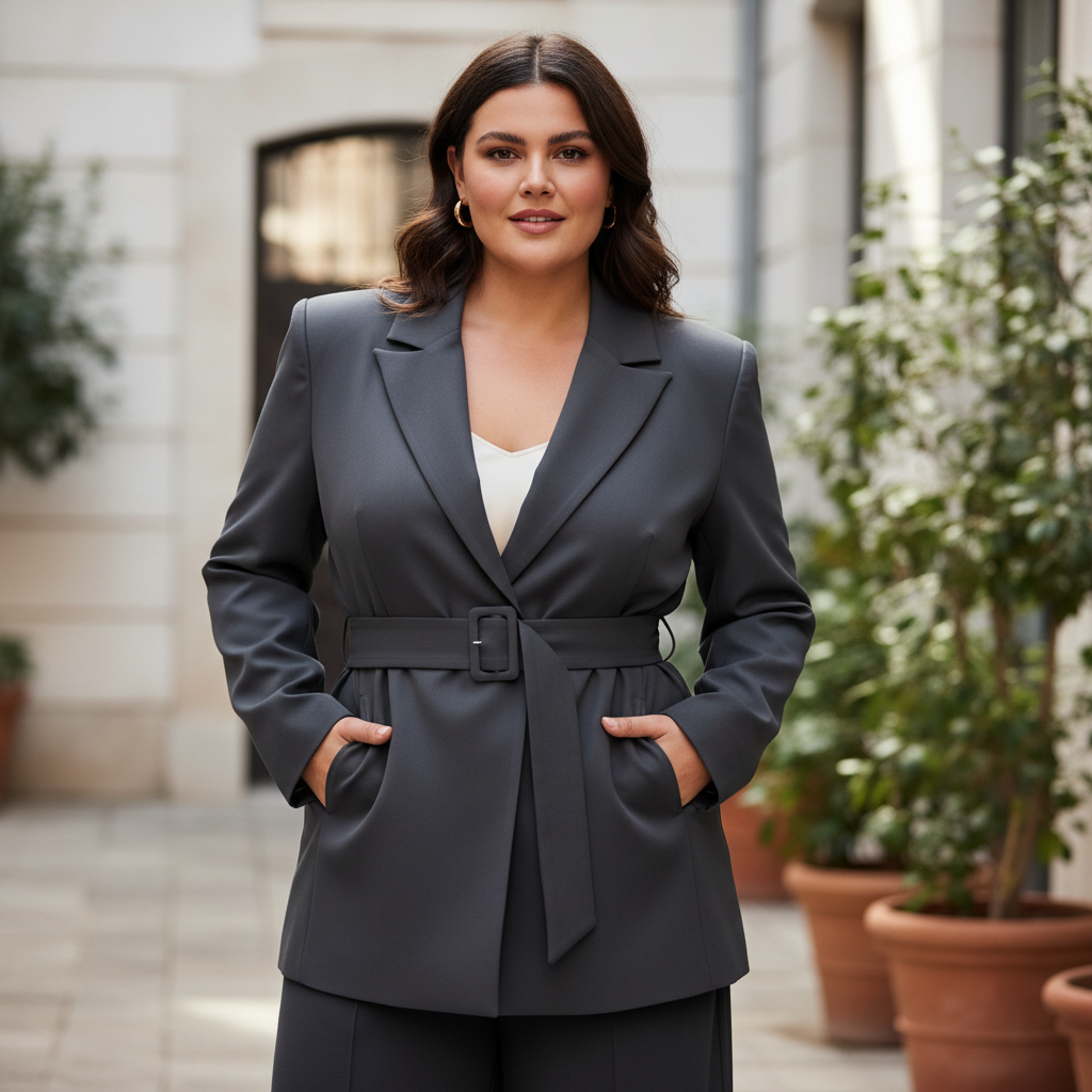 Woman in structured ponte blazer, plus-size, editorial styling