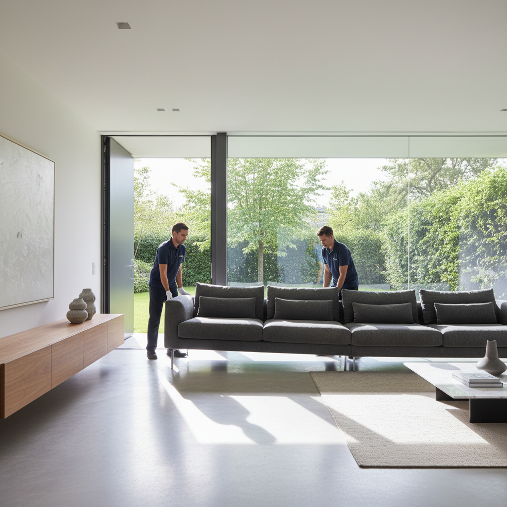 Delivery professionals carefully carrying a sofa into a modern home for white-glove furniture delivery