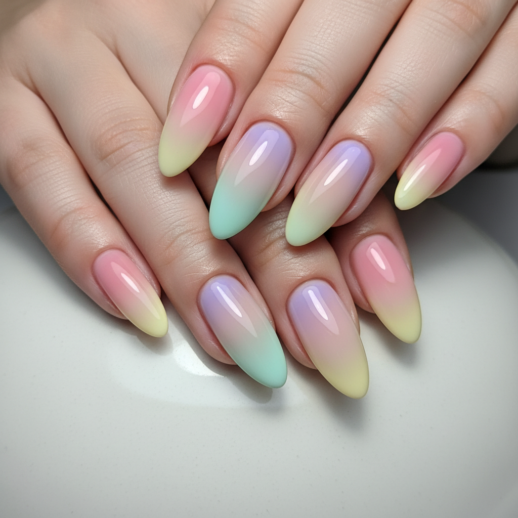 Pastel pink to lavender ombre gel nails, gradient fade technique, bright studio