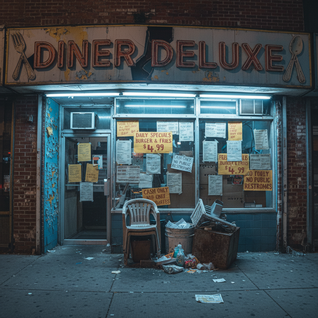 Before: cluttered restaurant facade with dated signage, fluorescent lighting, and laminated menu