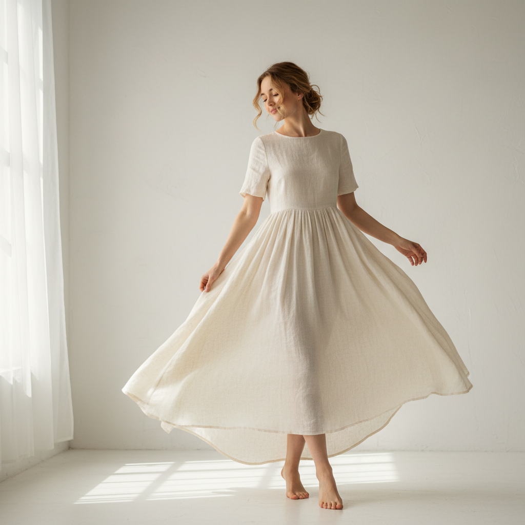 Bright airy studio with female model in flowing white dress, soft natural window light, minimal white background