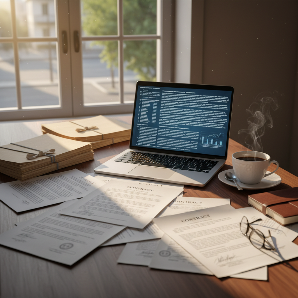 Legal documents on a desk with a laptop open showing regulatory text and a coffee cup in morning light