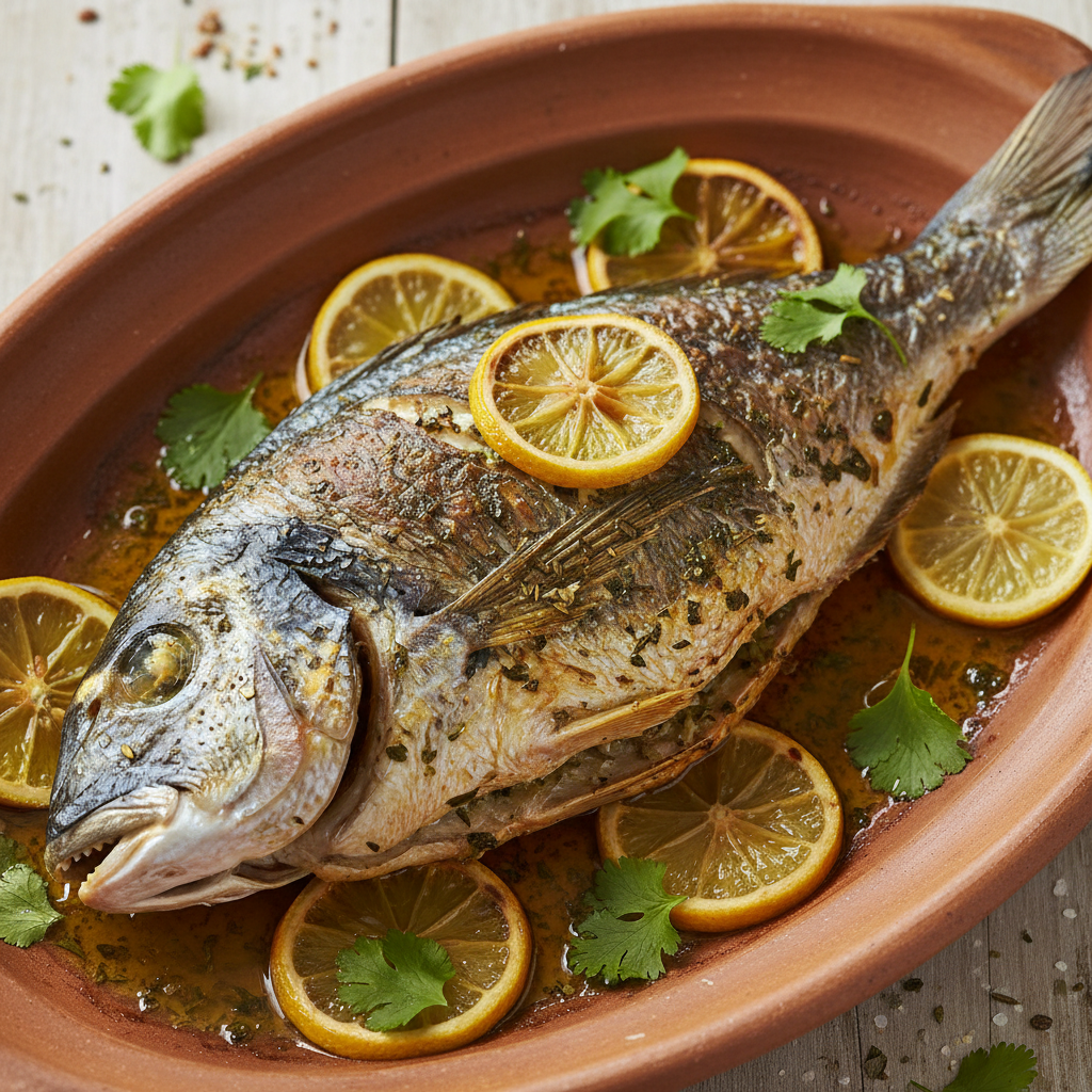 Whole grilled hammour fish with crispy skin, chermoula marinade, and fresh herb garnish on a wooden board